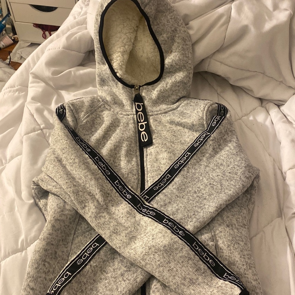 bebe thick grey white and black hoodie